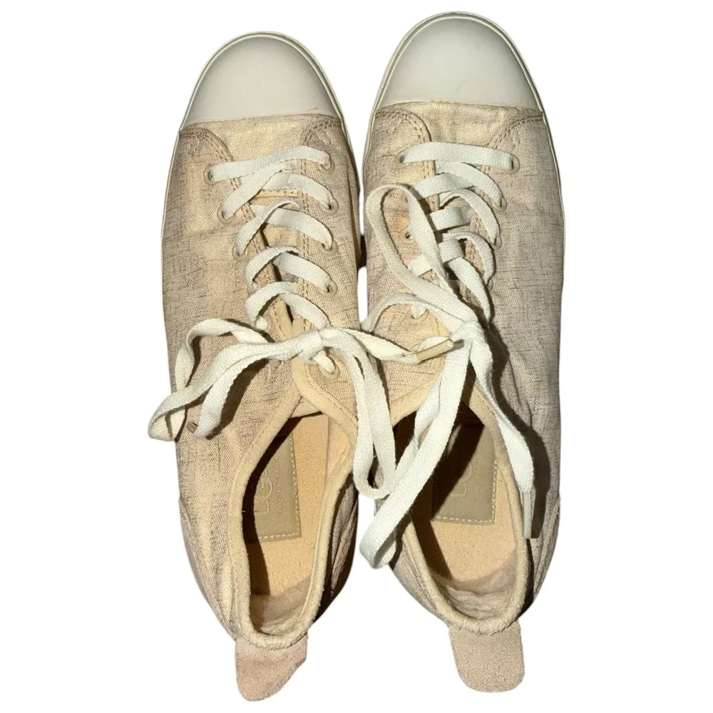 UGG Linen Canvas Lace Up Sneakers Beige Casual Comfort Shoes Women‎ 8.5 Metallic
